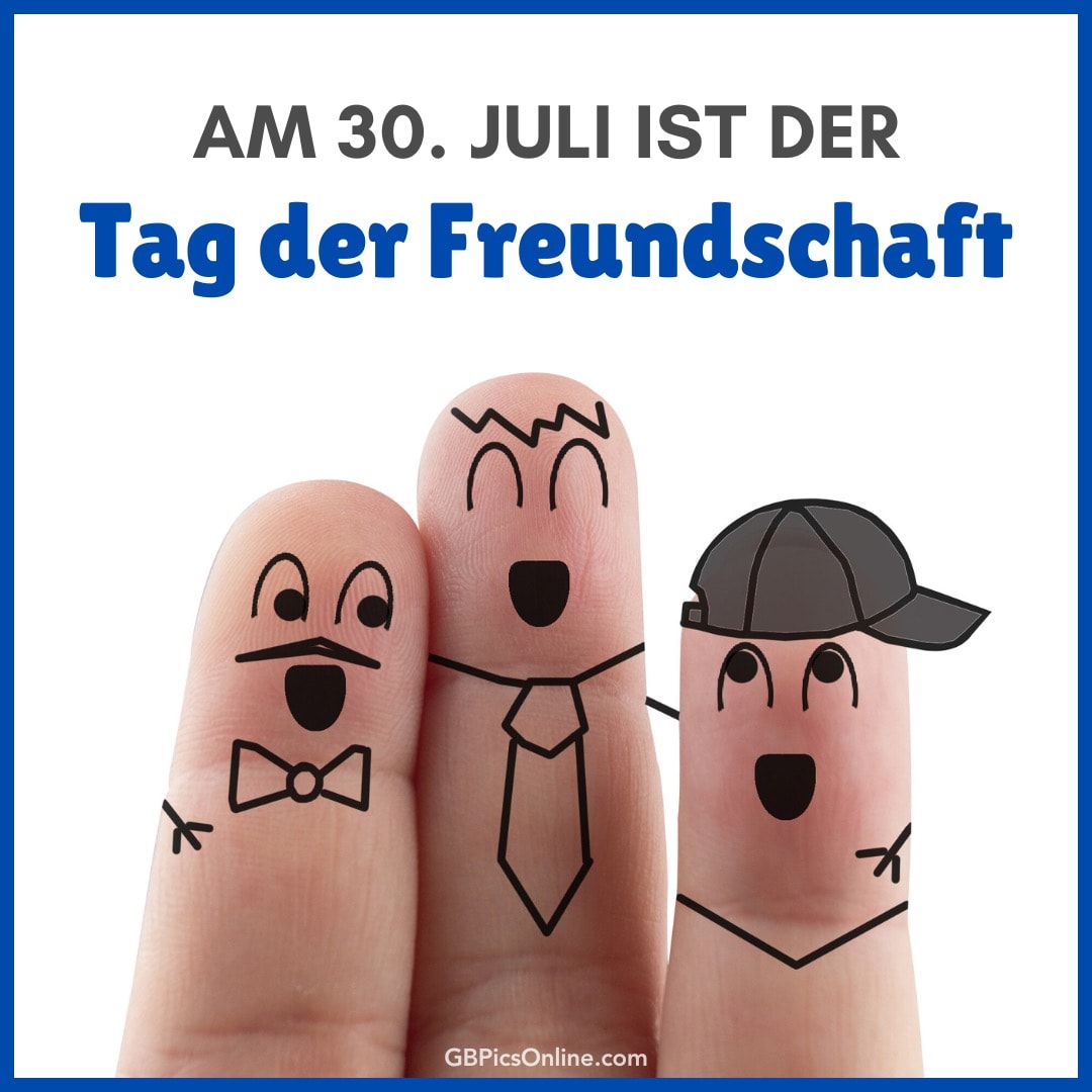 Drei bemalte Finger feiern den Tag der Freundschaft, einer mit Mütze, einer lächelnd mit Fliege