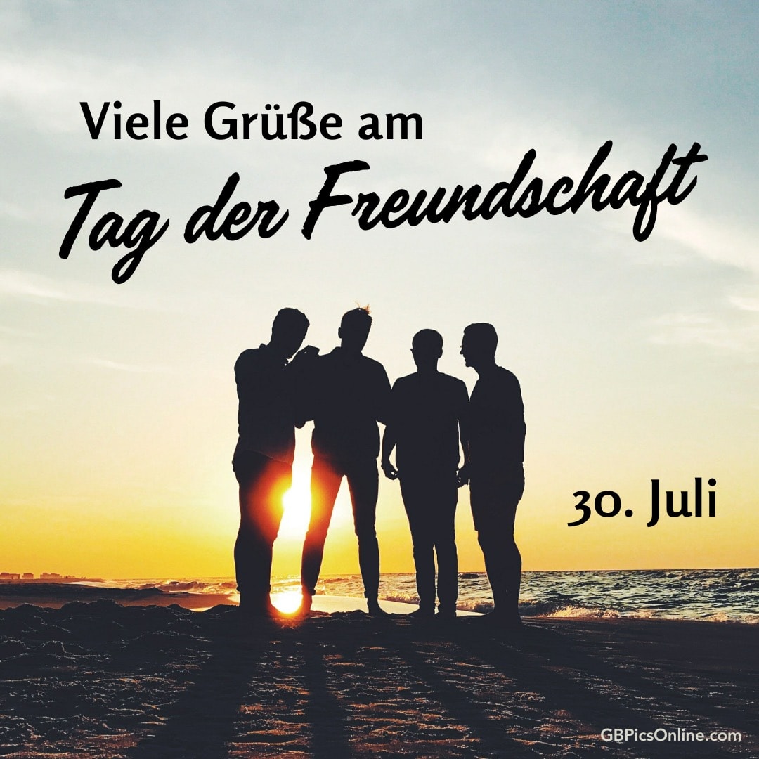 Vier Freunde stehen am Strand beim Sonnenuntergang, genießen den Tag der Freundschaft