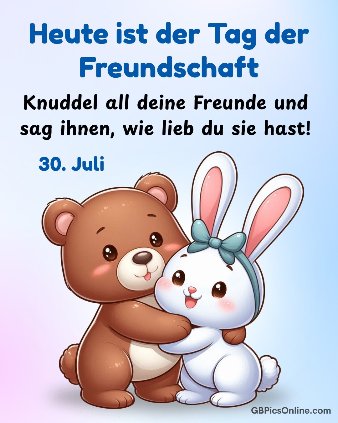 Bär umarmt fröhlich einen Hasen. Text feiert den Tag der Freundschaft
