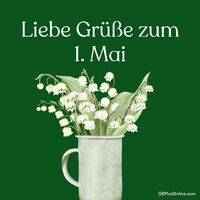 Frühlingsgrüße mit einem Strauß Maiglöckchen in einer rustikalen Kanne.