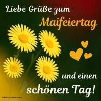 Gelbe Blumen mit Grußtext zum Maifeiertag und Herzen