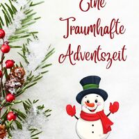 Frohliche Wintergrüße mit einem lächelnden Schneemann, umgeben von festlichem Grün und Beeren.