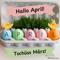 Bunte Eier und fröhliche Küken begrüßen den Frühling. Willkommen, April!