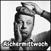 Müder Mann mit Hand am Gesicht und kaltem Umschlag auf dem Kopf; Text: „Aschermittwoch“