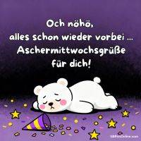 Trauriger weißer Bär liegt zwischen Konfetti und Sternen; Text mit Aschermittwochsgrüßen