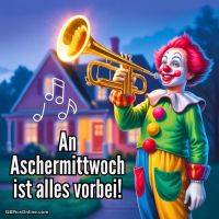 Fröhlicher Clown mit Trompete vor einem Haus am Abend, Musiknoten daneben und Text zum Aschermittwoch