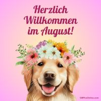 Ein fröhlicher Hund begrüßt den Sommer mit einem Kranz bunter Blumen.