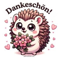 Ein süßer kleiner Igel überbringt mit einem Lächeln und einem Blumenstrauß liebe Grüße.