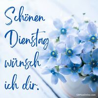 Zarte blaue Blumen und eine handschriftliche Typografie vermitteln eine ruhige, freundliche Grußkartenstimmung.