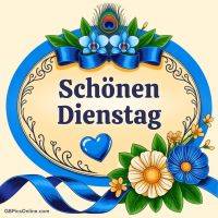 Rundes Schild mit blauen Schleifen, Blumen und Pfauenfeder, dazu der Gruß „Schönen Dienstag“ und Herz