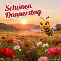 Sonnenaufgang über bunter Blumenwiese, daneben eine lächelnde Cartoon-Biene und der Gruß „Schönen Donnerstag“
