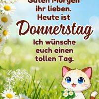 Niedliche Katze mit Gänseblümchen auf Wiese; Grußtext für Donnerstag, Blumenrand oben und links