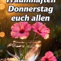 Zwei pinke Hibiskusblüten in einer Glastasse im Regen, warmes Licht im Hintergrund