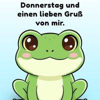 Niedlicher grüner Frosch mit großen Augen auf hellblauem Hintergrund, darüber ein Gruß für Donnerstag