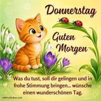 Niedliches Kätzchen im Blumenbeet schaut zu Marienkäfern auf einem Blatt, mit Grußtext für Donnerstag