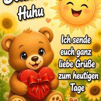 Niedlicher Teddybär mit rotem Herzgeschenk in Blumenwiese, lachende Sonne und Grüße zum Donnerstag