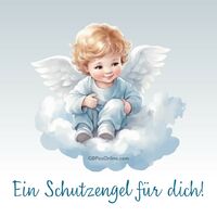 Ein niedlicher Engel sitzt auf einer Wolke und schaut friedlich herab.