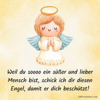 Ein niedlicher, kleiner Engel mit einem Heiligenschein und gefalteten Händen auf einem sanft gelben Hintergrund.