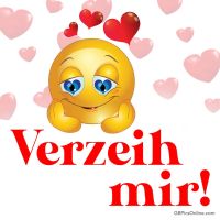 Ein schüchterner Smiley mit Herzen bittet um Verzeihung.