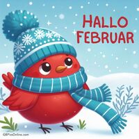 Ein kleiner Vogel, gewärmt durch Mütze und Schal, begrüßt freudig die kalte Winterzeit.