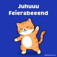 Cartoon-Katze winkt fröhlich vor blauem Hintergrund mit Schriftzug „Juhuuu Feierabeeend“