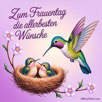 Ein kunterbunter Vogelgruß zum Frauentag, um Freude und Farbe zu bringen.