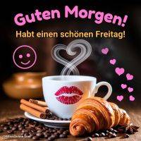 Kaffeetasse mit Herz-Dampf, Croissant und Kaffeebohnen, dazu Gruß „Guten Morgen“ und kleine Herzen