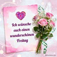 Grußkarte mit Herzsymbol und Text, daneben ein Strauß rosa Rosen mit Schleierkraut und Feder