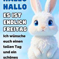 Niedliches weißes Kaninchen mit großen blauen Augen vor blauem Himmel, dazu Freitagsgruß