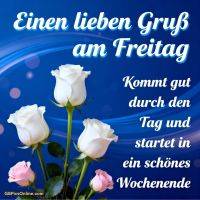 Blaues Grußmotiv mit weißen und rosa Rosen und Freitagsspruch in weißer Schrift