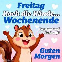 Fröhliches Eichhörnchen mit erhobenen Armen vor Herzchen-Hintergrund und Gruß zum Freitag