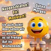 Lächelnder gelber Smiley vor Sonnenaufgang am Wasser mit Guten-Morgen-Spruch und Hinweis auf Freitag