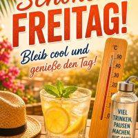 Sommerlicher Gruß mit Limonadenglas, Thermometer und Trinkflasche mit Hinweis zum Trinken und Pausen
