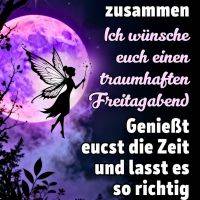 Elfe vor großem violettem Mond am Sternenhimmel, daneben ein Gruß mit Wünschen für Freitagabend