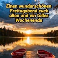 Sonnenuntergang über einem ruhigen See, Steg mit zwei roten Booten, darüber Grußtext