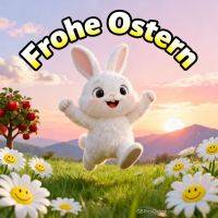 Fröhliches weißes Häschen springt auf einer Wiese mit Gänseblümchen bei Sonnenuntergang