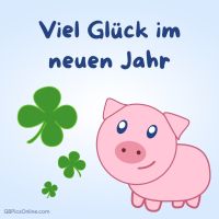 Ein glückliches Schweinchen umgeben von Kleeblättern wünscht dir ein frohes neues Jahr!