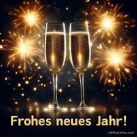 Zwei Champagnergläser stoßen an, umgeben von funkelnden Lichtern und Feuerwerk, symbolisieren einen festlichen Jahreswechsel.