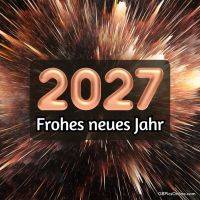 2027 und „Frohes neues Jahr“ mit Feuerwerk im Hintergrund