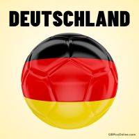 Glänzender Fußball in den Farben Schwarz-Rot-Gold, darüber der Schriftzug „Deutschland“