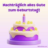 Lila zweistöckige Geburtstagstorte mit gelber Creme und einer Kerze, darüber Glückwunschtext
