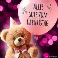 Ein süßer Teddybär mit Partyhütchen hält einen rosa Ballon vor funkelndem, pinkem Hintergrund.
