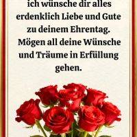 Geburtstagsgruß mit rotem Rahmen und Strauß roter Rosen auf hellem Hintergrund