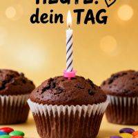 Schoko-Muffin mit brennender Kerze, bunte Schokolinsen davor, Schriftzug „Heute: dein Tag“ mit Herz