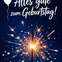 Geburtstagsgruß mit weißem Ballon und Wunderkerze vor blauem Hintergrund
