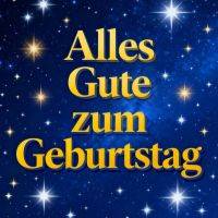 Goldene Schrift „Alles Gute zum Geburtstag“ vor blauem Sternenhimmel mit Ornamenten