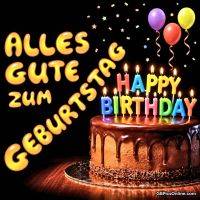 Schokogeburtstagskuchen mit brennenden Kerzen, Ballons und Konfetti; Text „Alles Gute zum Geburtstag“