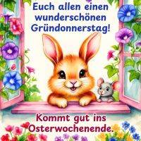 Niedliches Häschen und Maus am Fenster, umrahmt von bunten Blumen, mit Ostergruß