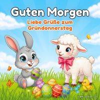Niedlicher Hase bemalt Ostereier auf Wiese neben Lämmchen mit Schleife, Küken und Schmetterlingen