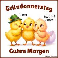 Drei niedliche Küken flüstern; eines trägt einen grünen Hut, daneben ein aufgebrochenes Ei